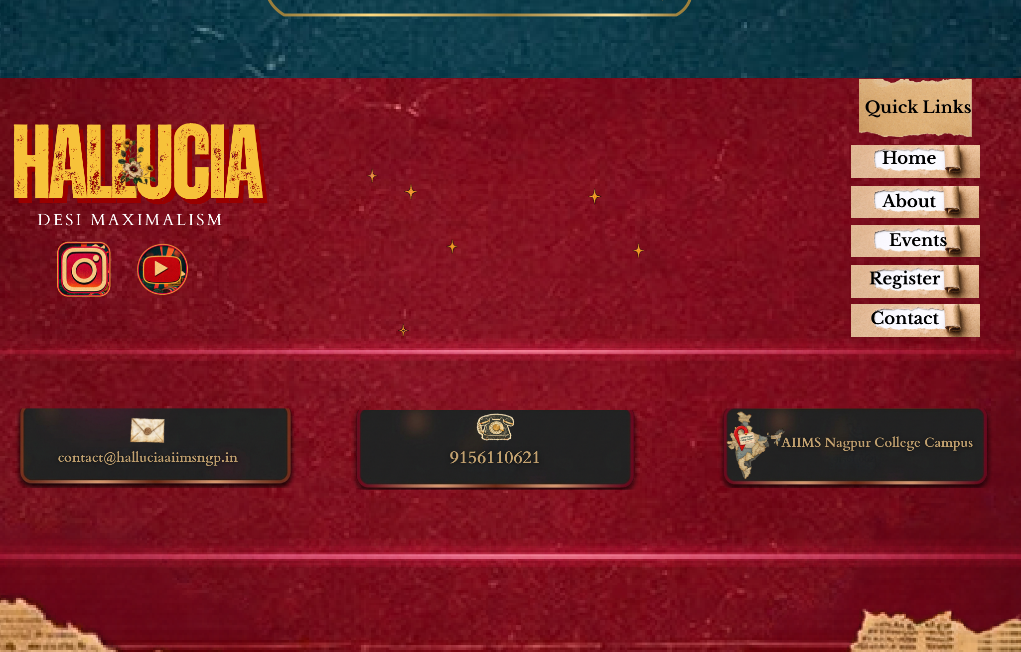 HALLUCIA DESI MAXIMALISM Footer - Quick Links, Social Icons, and Contact Cards